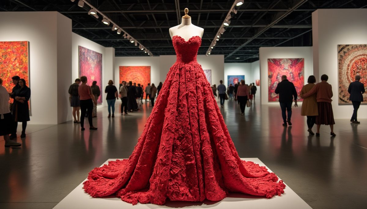 découvrez l'histoire unique d'une robe rouge confectionnée collectivement par des centaines de femmes, mise à l'honneur lors du festival des textiles tissés. une création symbolique à ne pas manquer !