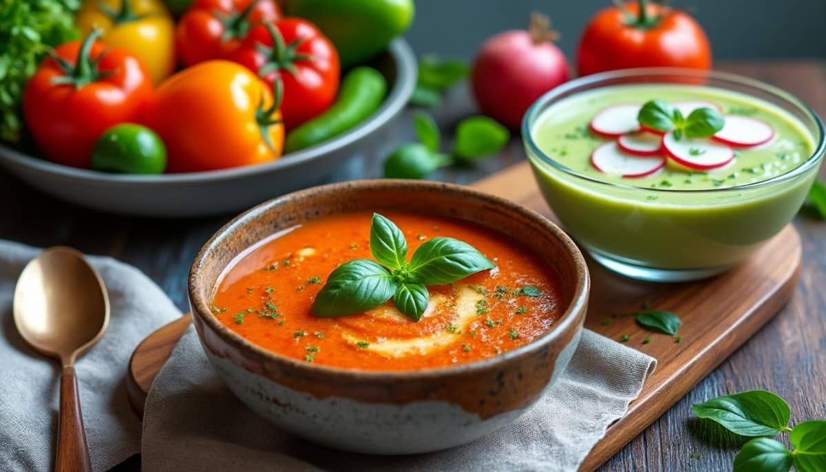 découvrez deux délicieuses recettes de soupe froide idéales pour un dîner sans cuisson. parfaites pour les journées chaudes, ces plats rafraîchissants allient simplicité et saveurs estivales.