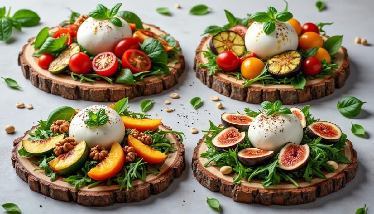 découvrez 4 idées créatives de salades à la burrata qui impressionneront vos invités. alliez fraîcheur et originalité avec des ingrédients savoureux pour des plats à la fois esthétiques et délicieux!