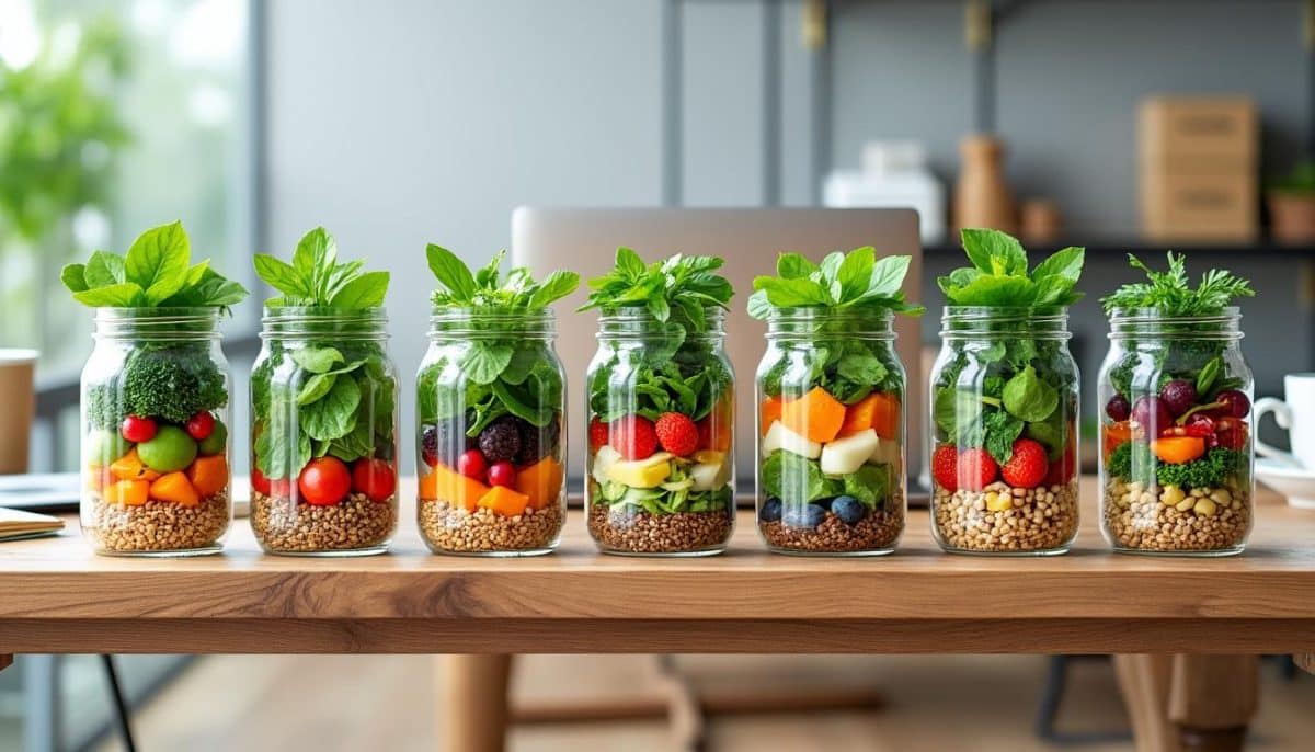 découvrez 7 délicieuses recettes de salad jar, des repas pratiques et sains à emporter au bureau. idéales pour une pause déjeuner rapide, ces salades variées et colorées se préparent facilement et vous apporteront énergie et vitalité tout au long de votre journée.