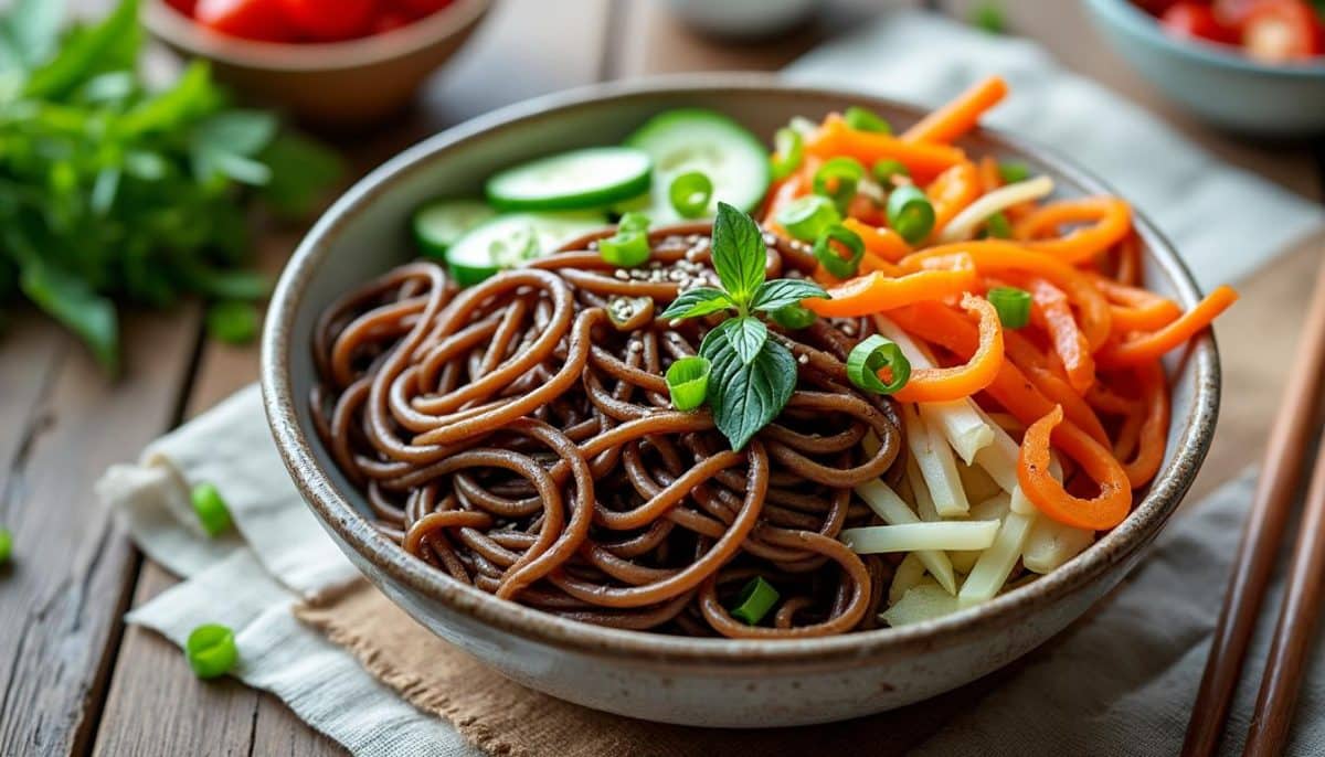découvrez cette délicieuse salade de nouilles soba japonaise, une combinaison parfaite de saveurs et de textures qui ravira vos papilles. parfaite pour un repas léger ou un accompagnement original, elle met en avant des ingrédients frais et sains pour un véritable voyage culinaire au japon.