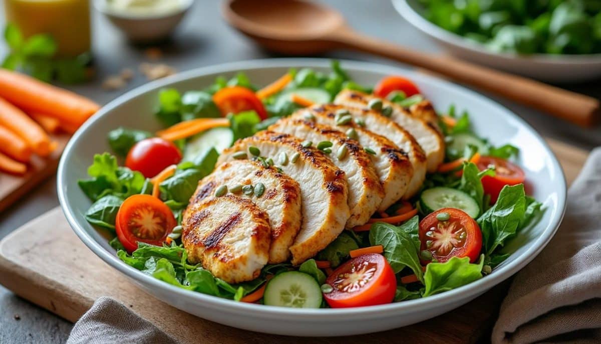 découvrez notre recette de salade de poulet grillé protéinée, un plat savoureux et nourrissant qui vous rassasie efficacement. parfaite pour un déjeuner léger ou un dîner équilibré, cette salade allie goût et bienfaits nutritionnels.