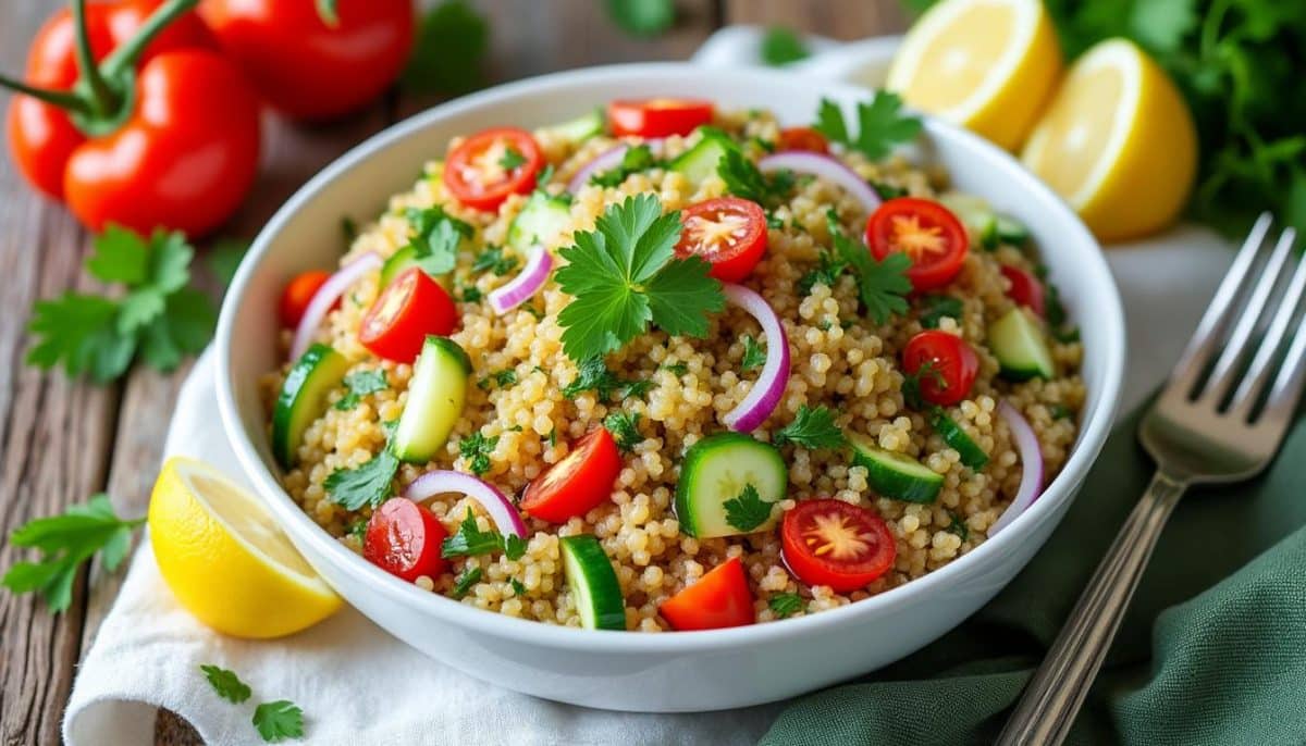 découvrez cette délicieuse salade de quinoa protéinée, parfaite pour un repas nutritif et rassasiant. pleine de saveurs, elle est idéale pour les amateurs de cuisine saine et équilibrée.