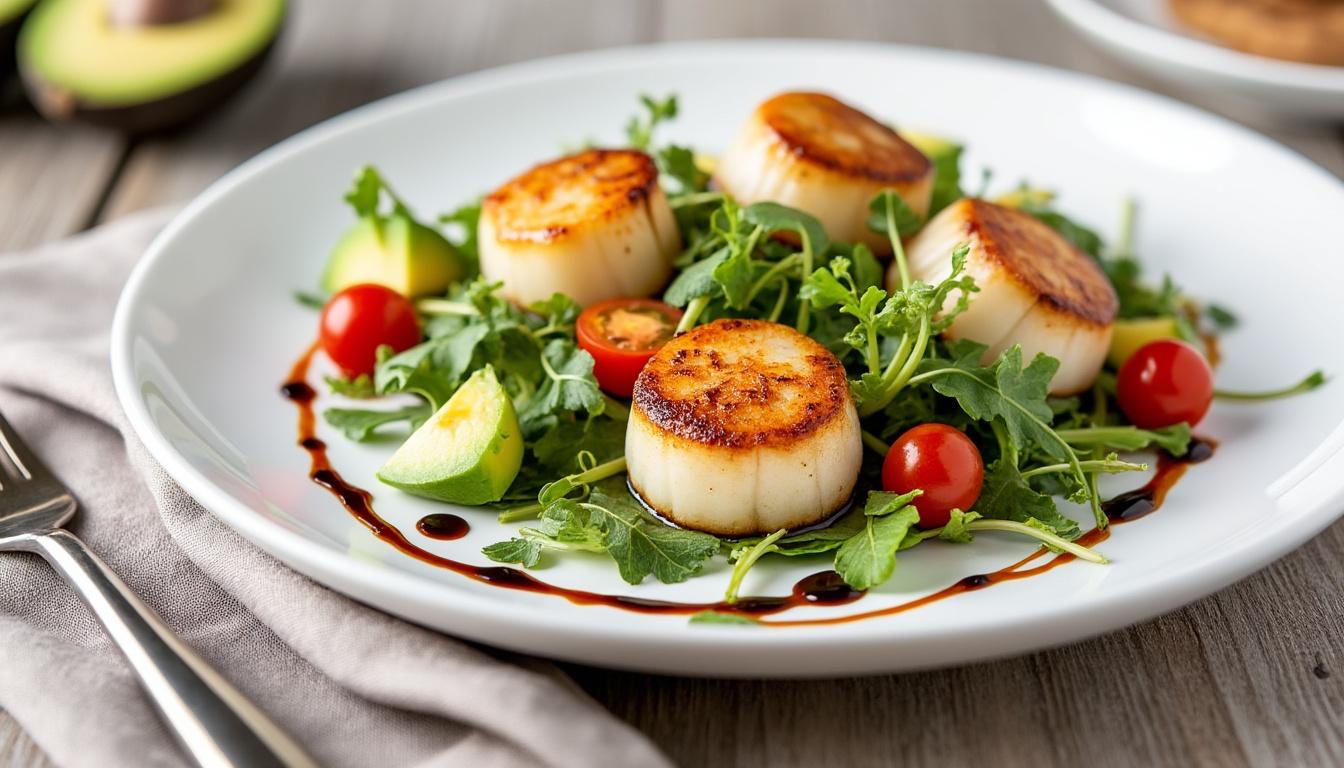 découvrez notre délicieuse salade de saint-jacques fondantes, un plat gastronomique alliant fraîcheur et raffinement. parfait pour impressionner vos invités, chaque bouchée révèle des saveurs marines délicates, sublimées par une vinaigrette artisanale. un incontournable de la cuisine moderne!
