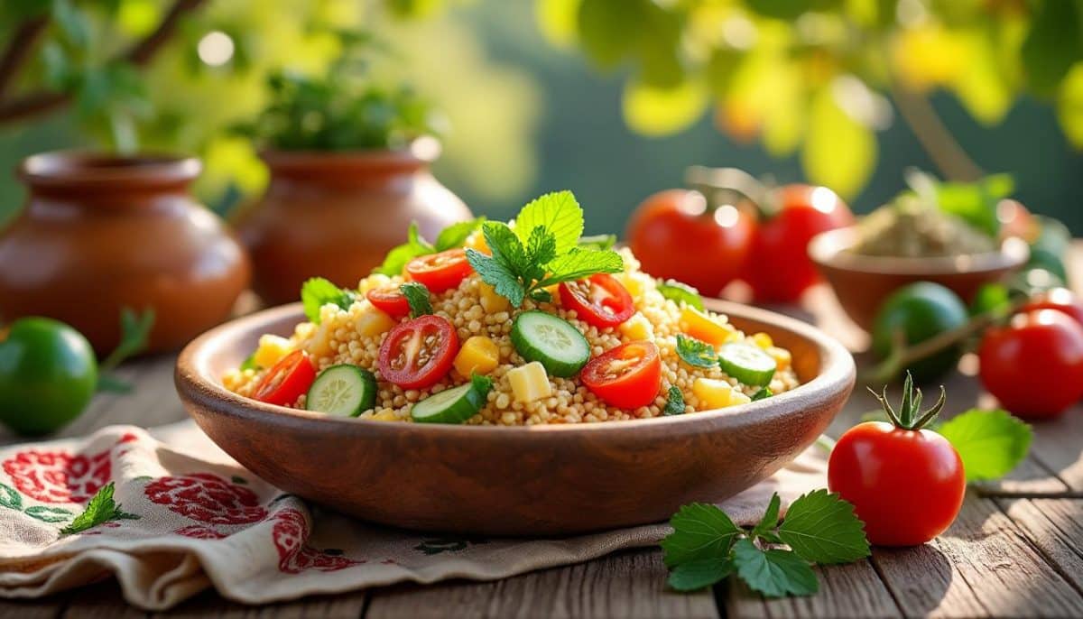 découvrez notre délicieuse salade de semoule parfumée qui vous transporte au cœur des saveurs du monde. idéale pour un repas léger ou en accompagnement, cette recette est un véritable voyage culinaire à chaque bouchée.