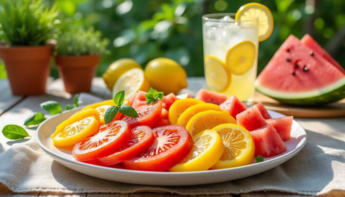 apprenez à rehausser vos plats d'été avec une délicieuse recette alliant tomates juteuses, pêches sucrées, pastèque rafraîchissante et citronnade acidulée. éveillez vos papilles avec cette combinaison parfaite pour les journées ensoleillées.