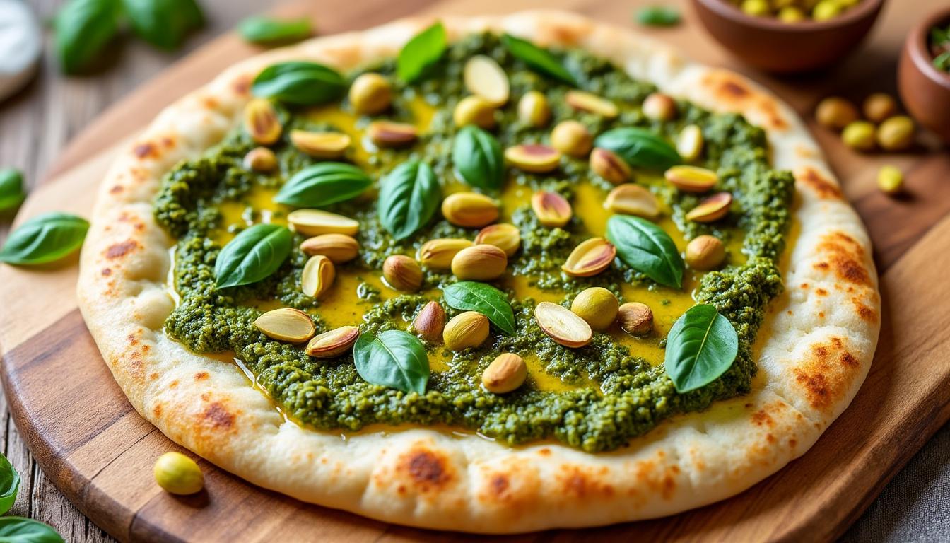 plongez dans l'été avec notre délicieuse pinsa au pesto de pistache ! une recette incontournable qui allie saveurs méditerranéennes et créativité culinaire. idéale pour vos repas en plein air, elle ravira vos invités et éveillera vos papilles.