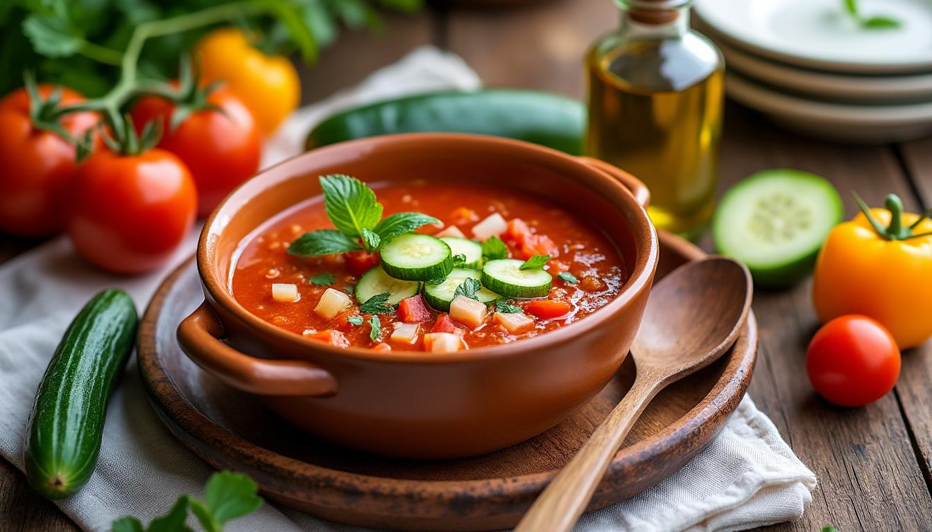 découvrez le gazpacho andalou, une soupe froide qui allie fraîcheur et saveurs authentiques. parfait pour les chaudes journées d'été, ce plat traditionnel vous transporte au cœur de l'andalousie avec ses ingrédients frais et colorés. idéal comme entrée ou plat léger, il saura ravir vos papilles et apporter une touche méditerranéenne à vos repas.
