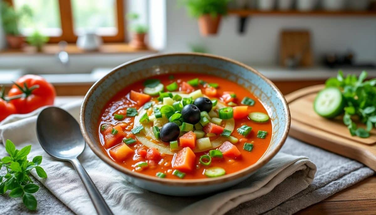 découvrez le délicieux gazpacho andalou, une soupe froide qui allie fraîcheur et authenticité. parfaite pour les journées chaudes, elle éveille vos papilles avec des saveurs de tomates, poivrons et concombres. une recette santé et gourmande à savourer sans modération.