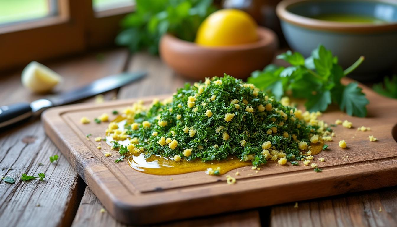 découvrez la gremolata milanaise, une savoureuse persillade qui rehausse le goût de vos viandes. parfaite pour apporter une touche méditerranéenne à vos plats, elle allie fraîcheur et intensité aromatique pour sublimer vos recettes.