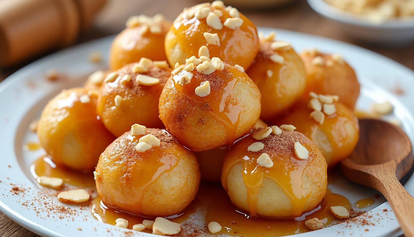 découvrez les loukoumades grecs, de délicieuses petites boules de pâte à choux dorées et croustillantes, nappées de miel et saupoudrées de sucre. un délice méditerranéen qui séduira vos papilles et vous transportera vers des rivages ensoleillés. parfait pour les gourmands en quête d'une douceur irrésistible!