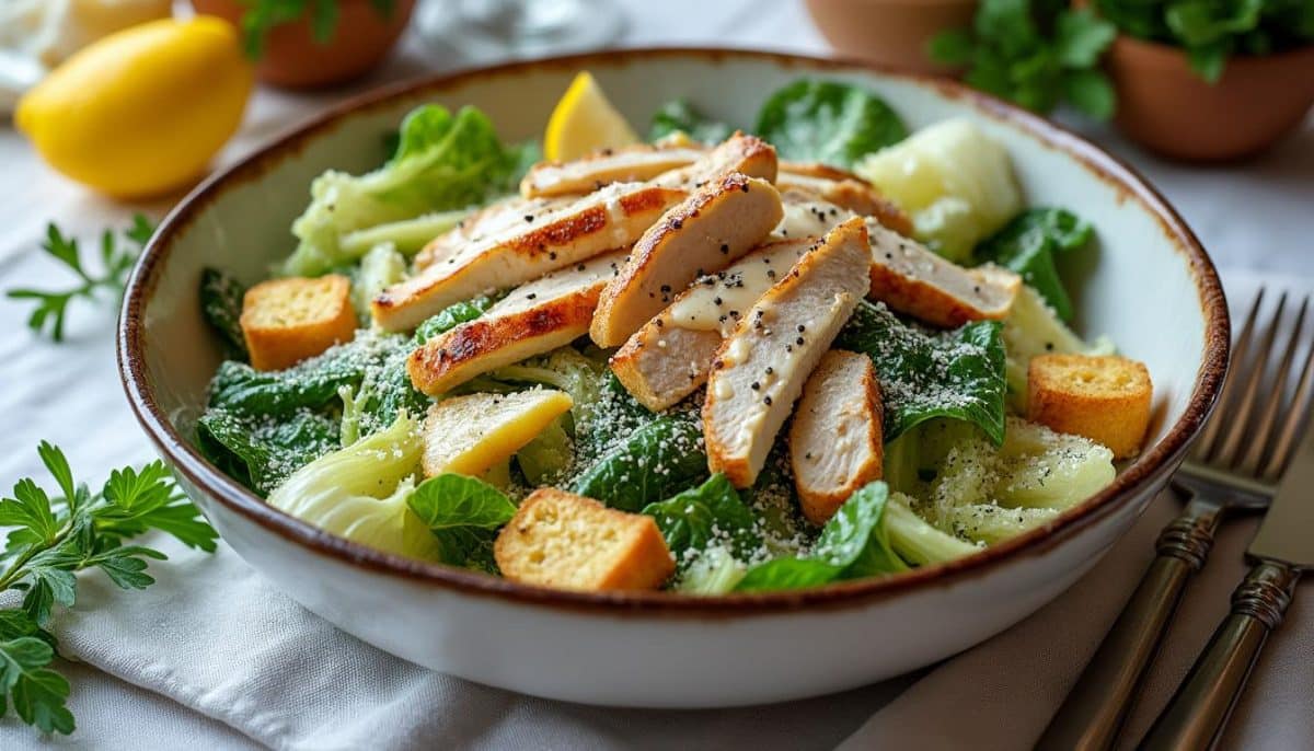 découvrez notre recette de salade césar qui rivalise avec les meilleures tables. profitez d'une combinaison parfaite de laitue croquante, de poulet grillé juteux, de croûtons dorés et de sauce crémeuse, pour une explosion de saveurs inégalée. réalisez ce classique avec des ingrédients frais et savoureux, et épatez vos convives !