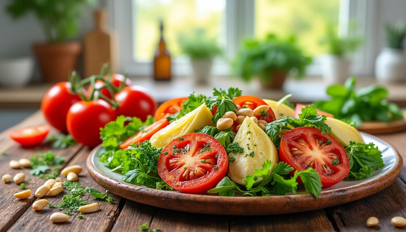 découvrez notre délicieuse salade aux pignons de pin qui vous fera voyager à travers des saveurs méditerranéennes. un mélange frais de légumes croquants et de pignons de pin grillés, parfait pour un repas léger et gourmand.