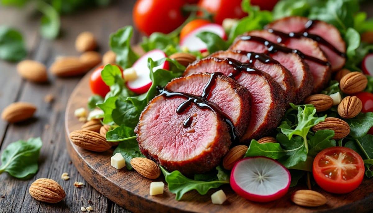 découvrez notre délicieuse salade de magret séché qui va éblouir vos invités ! parfaite pour les belles journées ensoleillées, cette recette allie saveurs raffinées et fraîcheur. idéale en entrée ou plat léger, elle promet une explosion de goûts qui fera sensation à chaque bouchée.