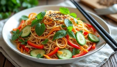 découvrez notre délicieuse salade de vermicelles asiatique, un plat frais et savoureux qui saura ravir vos papilles. parfaite pour un repas léger ou un accompagnement lors de vos repas, cette recette allie harmonieusement des ingrédients frais et colorés pour une explosion de saveurs en bouche.