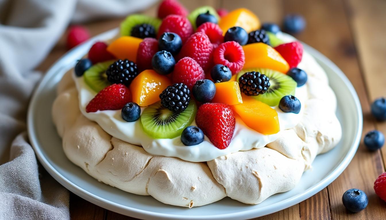 savourez notre pavlova estivale, une recette légÚre et gourmande. parfaite pour impressionner vos invités au dessert avec ses fruits frais et sa meringue craquante.