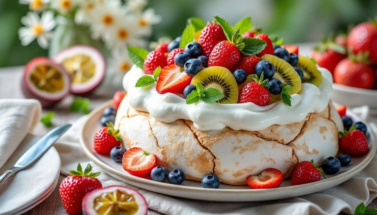 succombez à la pavlova estivale parfaite : une meringue croquante, des fruits frais et une crème onctueuse pour épater vos invités lors du dessert. recette facile et succès garanti !