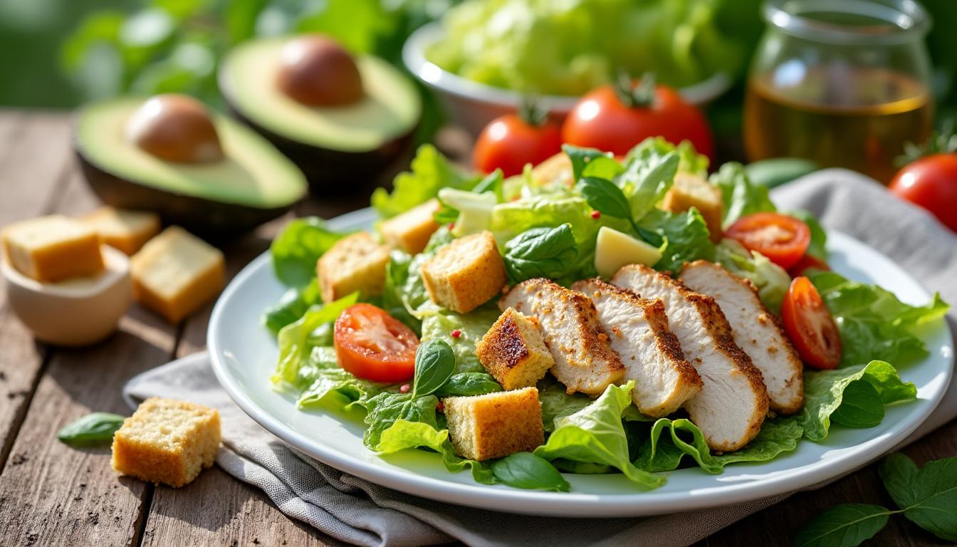 savourez l'été avec la salade césar estivale du chef mickaël falotte. une recette fraîche et gourmande, mêlant jeunes pousses, poulet grillé, croûtons dorés et une vinaigrette onctueuse, idéale pour égayer vos repas ensoleillés.