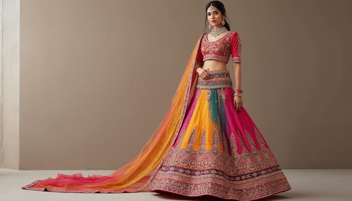 découvrez la splendide lehenga multicolore de sreeleela, magnifiquement ornée de broderies zardozi et de détails tikki raffinés, pour un look élégant et traditionnel parfait pour les grandes occasions.