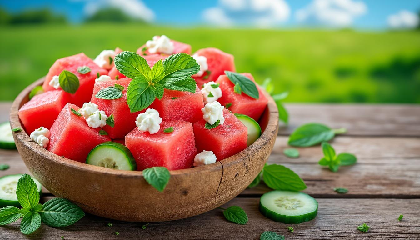 craquez pour la salade de pastèque, feta, concombre et menthe : une recette fraîche, savoureuse et facile à préparer, idéale pour rafraîchir vos soirées d'été et surprendre vos invités.