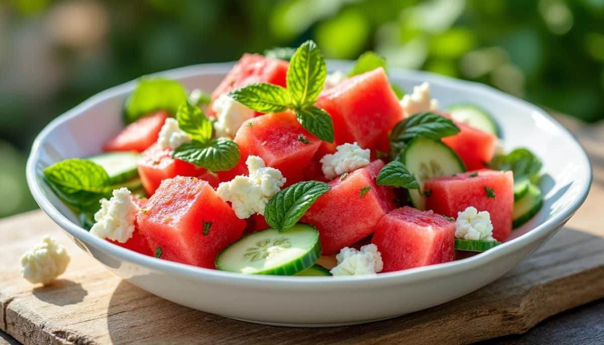 découvrez la fraîcheur de l’été avec cette salade de pastèque, feta, concombre et menthe. simple, colorée et gourmande, elle est idéale pour régaler vos invités lors de vos soirées estivales !
