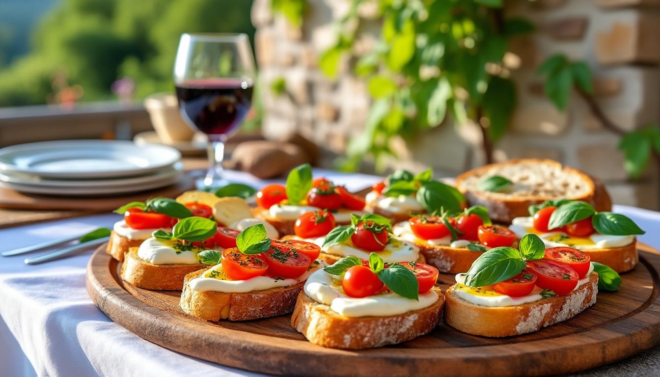 découvrez les bruschettas de rita : tartines italiennes aux tomates, basilic et huile d’olive, prêtes en un rien de temps, à partager entre amis.