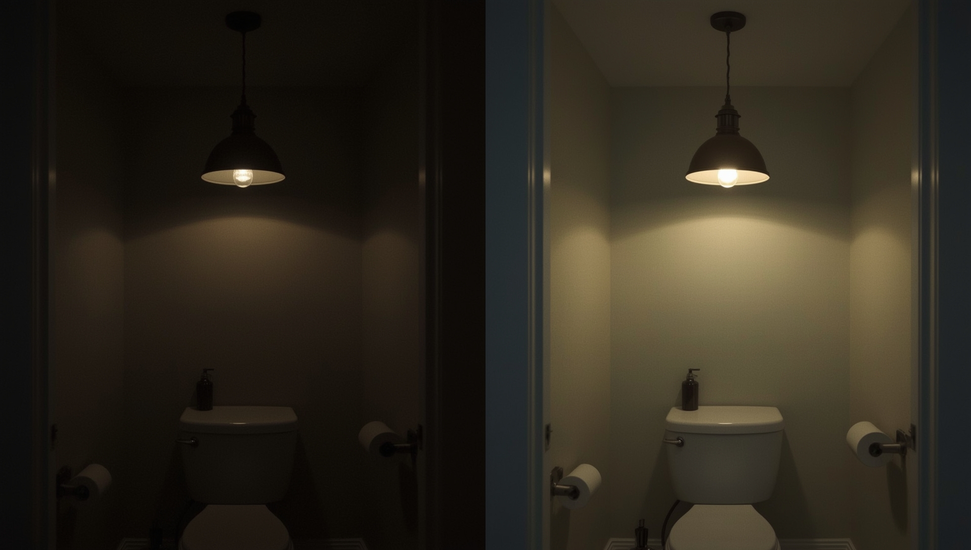 comparaison éclairage toilettes - plafonnier harsh vs suspension design chaleureuse