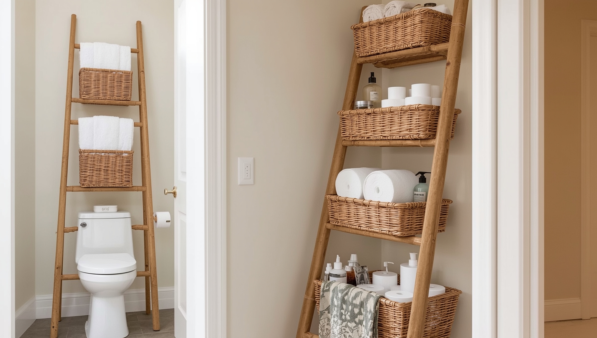 échelle bambou rangement vertical toilettes - paniers suspendus organisation optimisée