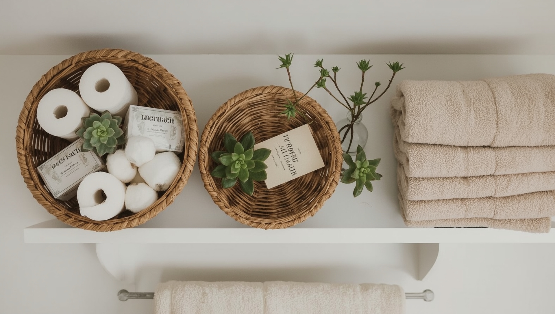 organisation étagère toilettes vue dessus - paniers rotin plantes succulentes rangement parfait