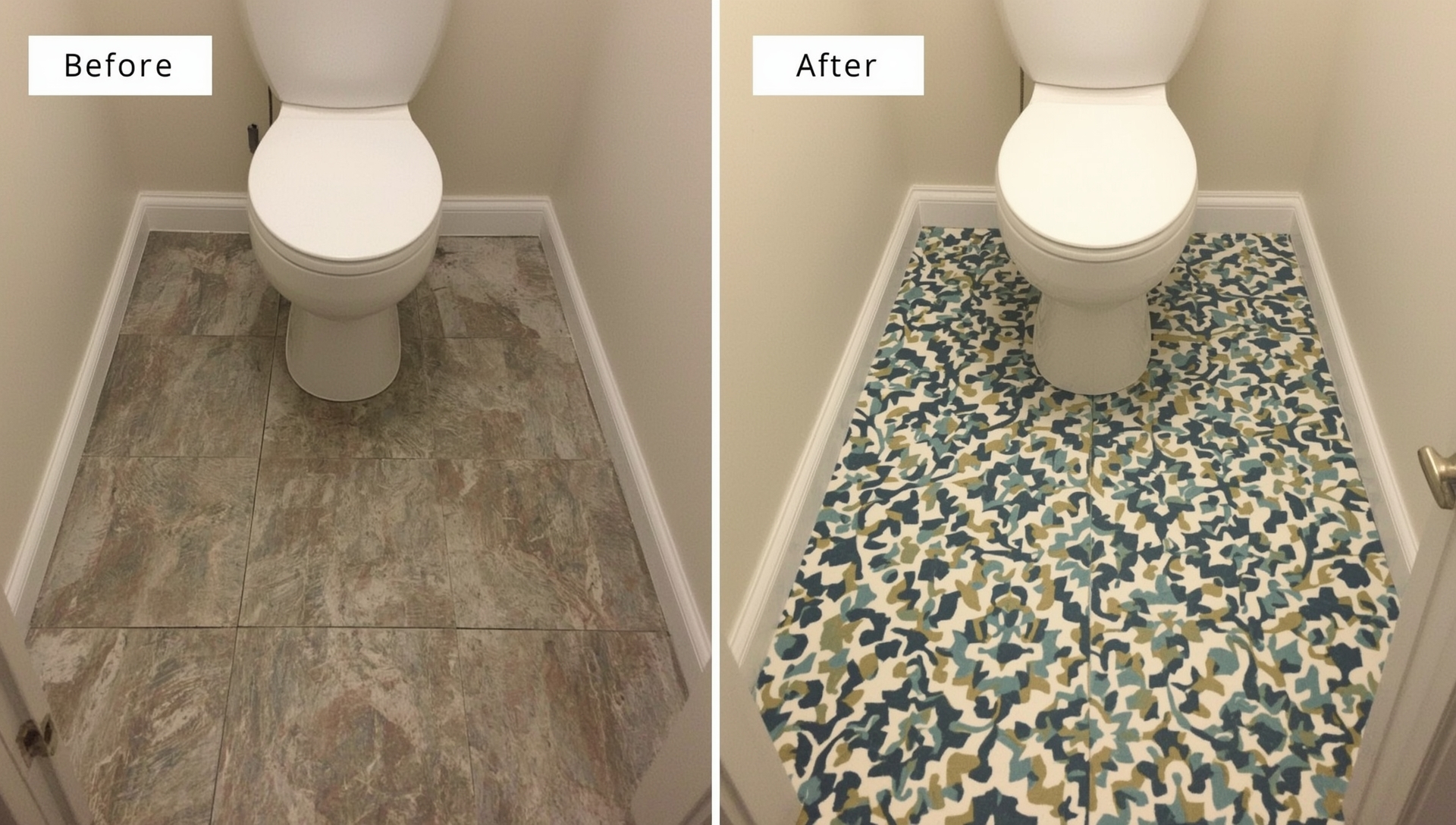 avant après sol toilettes carrelage vieillot vs vinyle géométrique moderne transformation