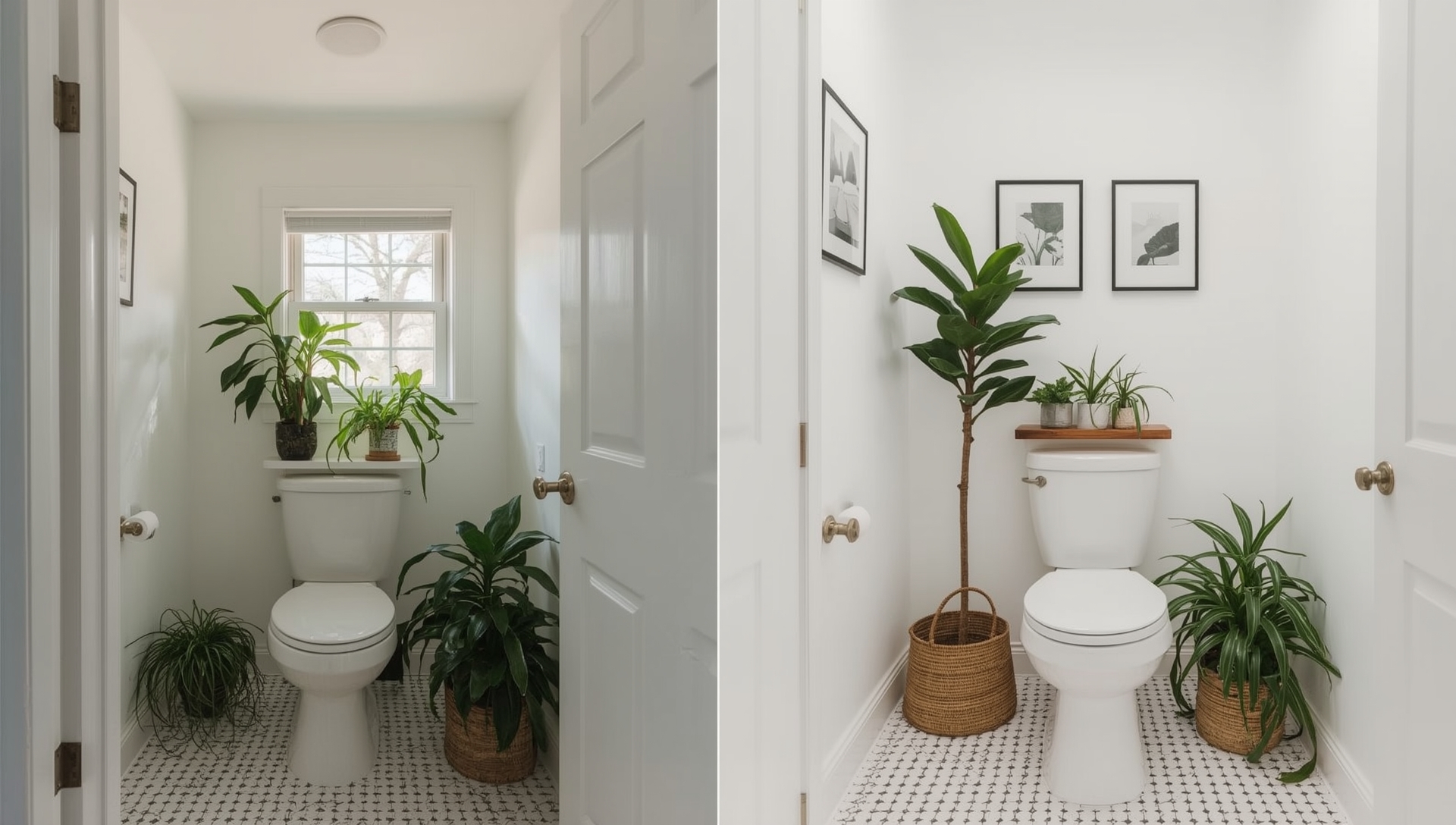 avant après toilettes avec plantes vertes - transformation stérile vers vivant chaleureux