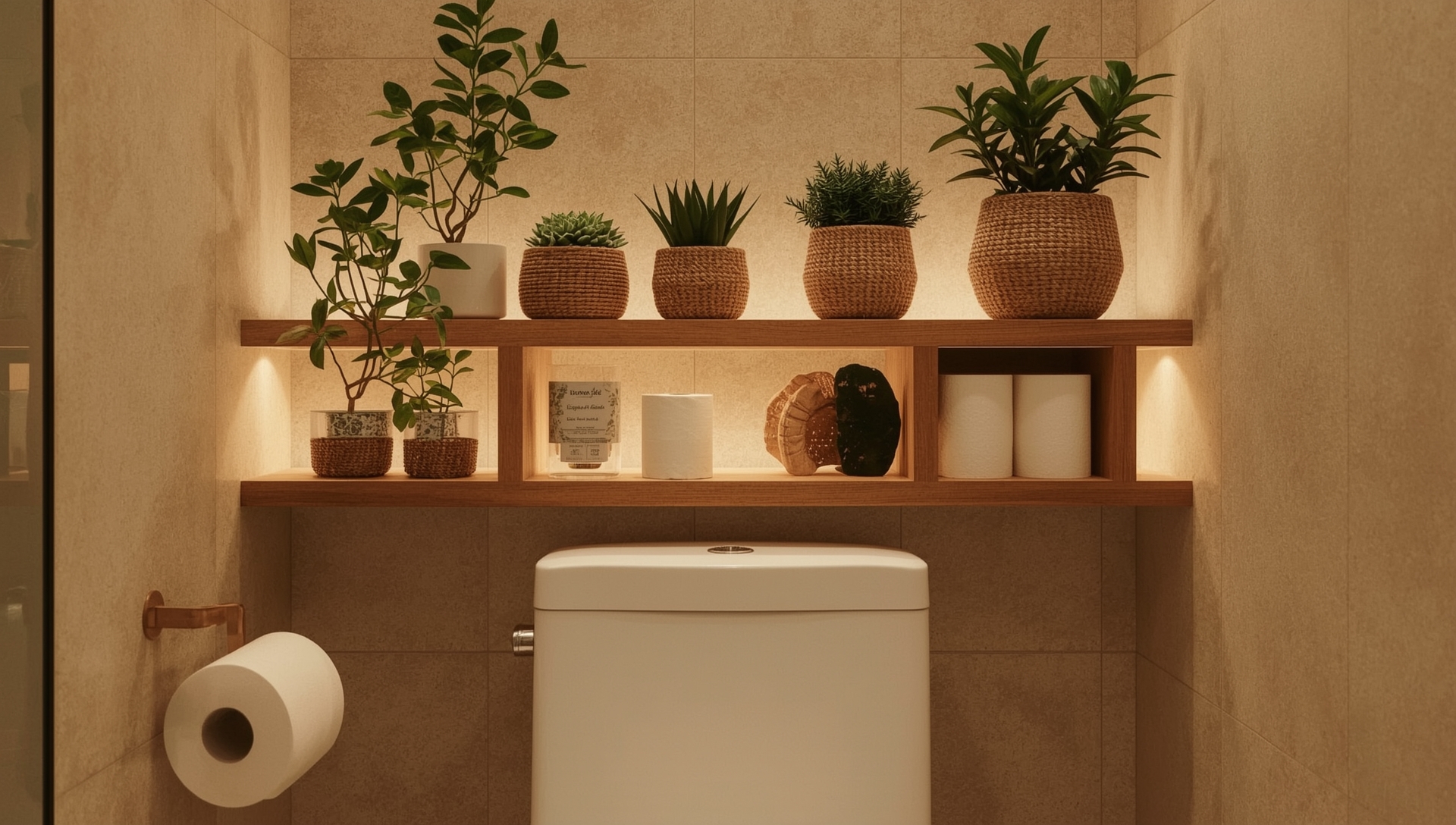 étagère flottante bois toilettes avec paniers rotin plantes rangement optimisé