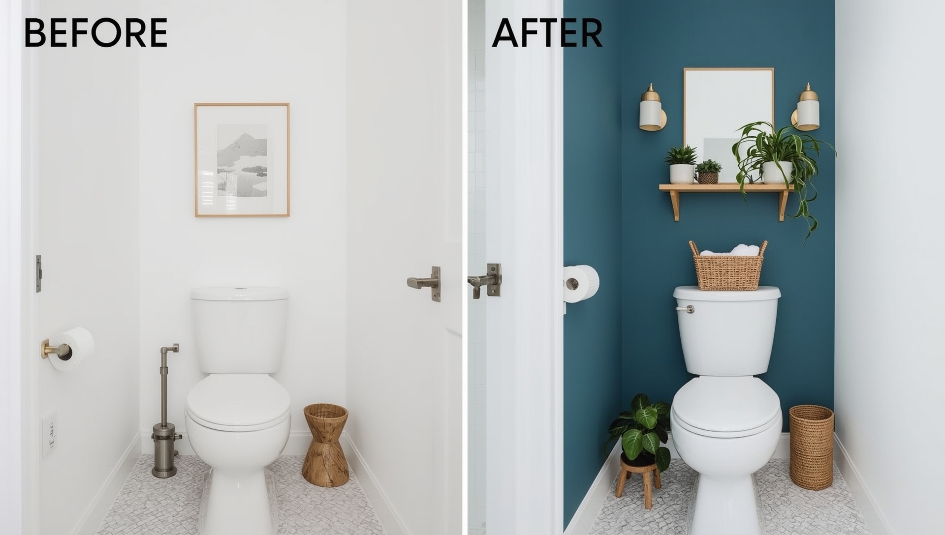 avant après transformation toilettes modernes - 9 astuces déco 2025 pour WC stylés