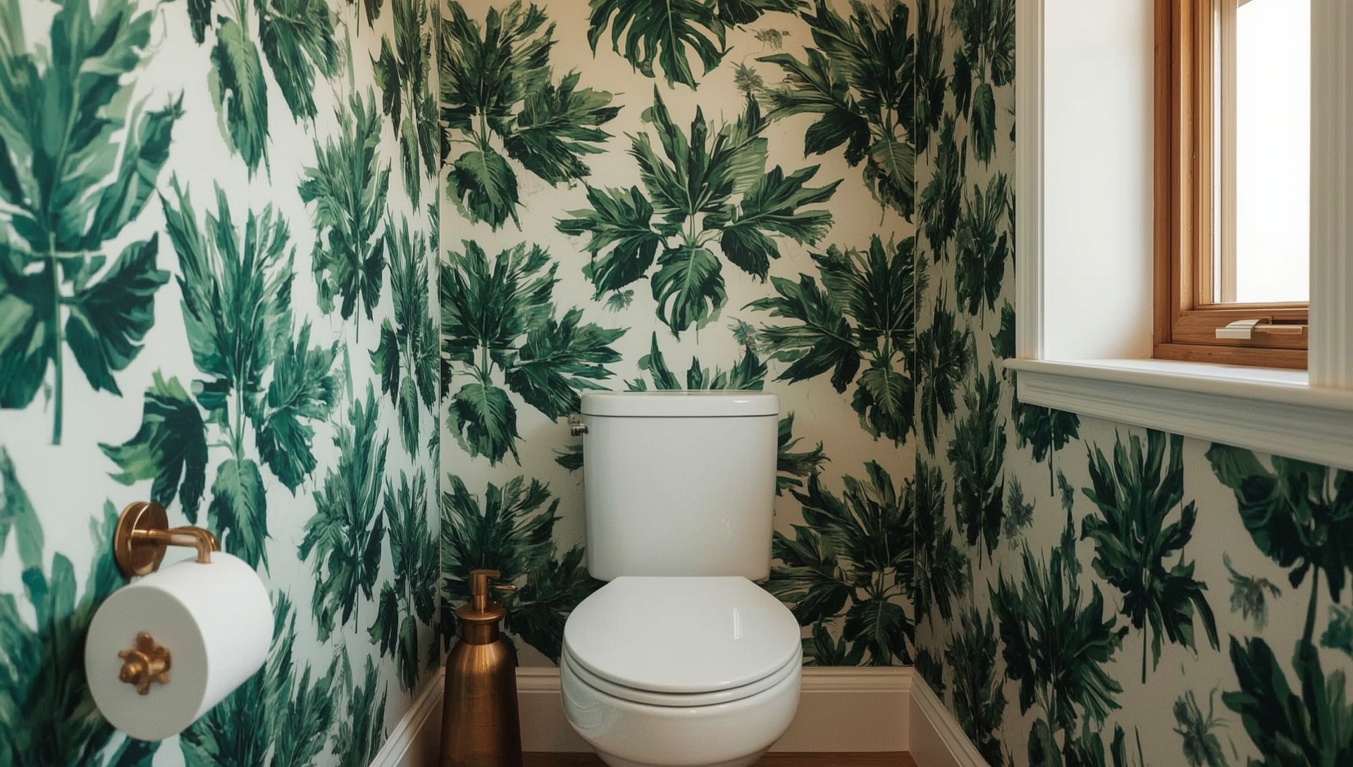 papier peint tropical toilettes - jungle feuilles vertes dorées effet moderne 2025