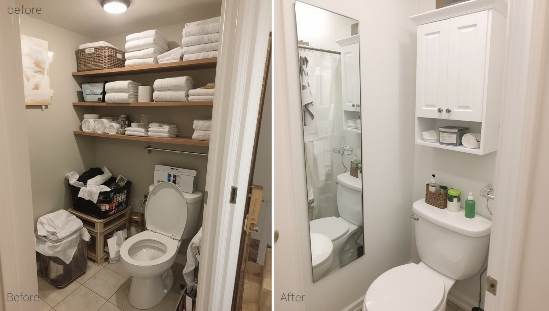 avant après organisation toilettes - rangement vertical vs encombrement gain espace +300%