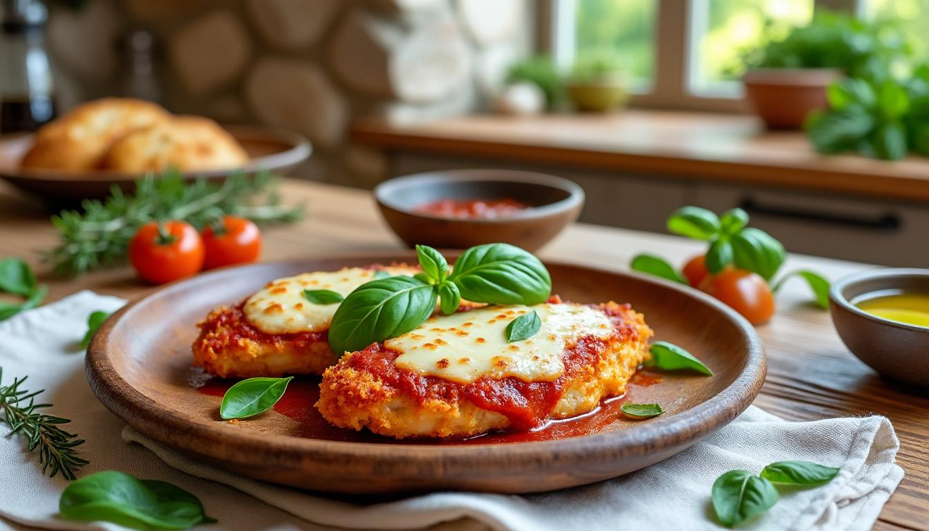 découvrez notre recette de poulet parmesan cuit à l'air fryer : un plat savoureux, croustillant à l'extérieur et fondant à l'intérieur, alliant légèreté et gourmandise pour un repas facile et rapide à préparer.