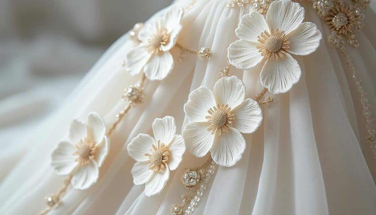 sublimez votre robe de mariée avec ce quartet de patchs brodés en forme de fleurs blanches, parfaits pour ajouter une touche élégante et personnalisée à votre tenue du grand jour.