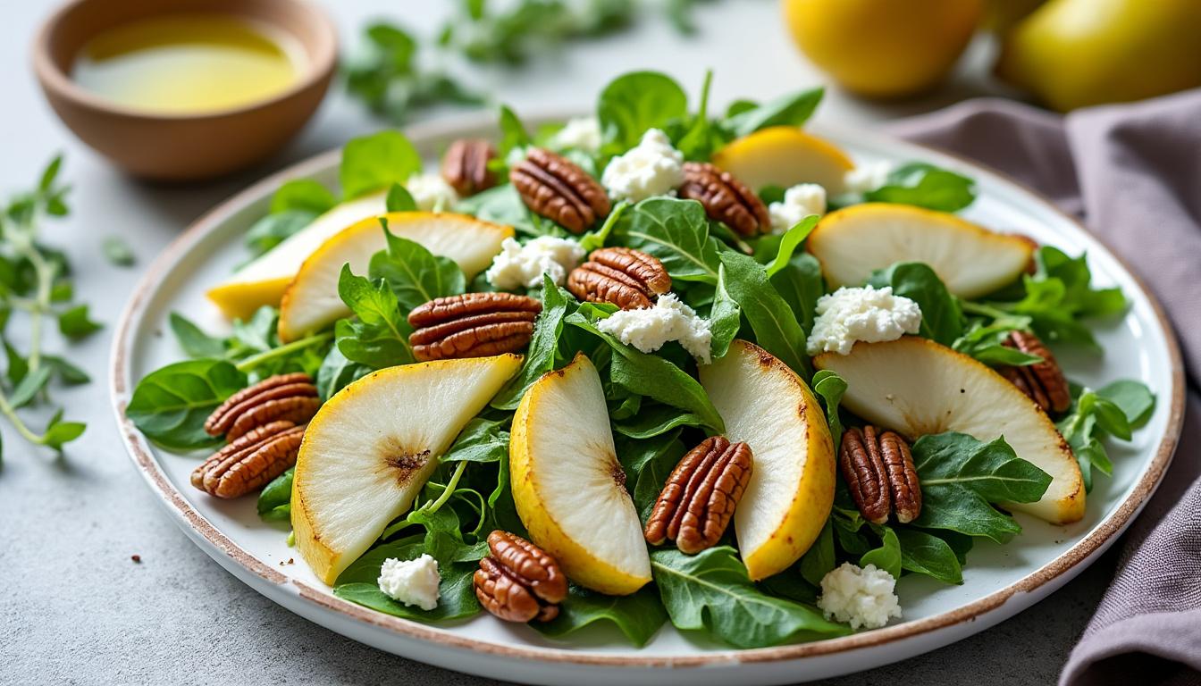 découvrez une salade de roquette aux poires, une alliance surprenante et raffinée qui marie la fraßcheur des feuilles croquantes et la douceur du fruit. idéal pour un repas léger et plein de saveurs !