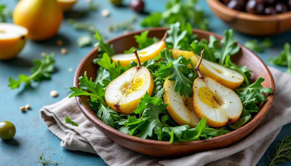 découvrez une salade de roquette aux poires, une alliance surprenante de saveurs sucrées et épicées. parfait pour un repas léger et raffiné, facile à préparer et idéal pour impressionner vos invités.