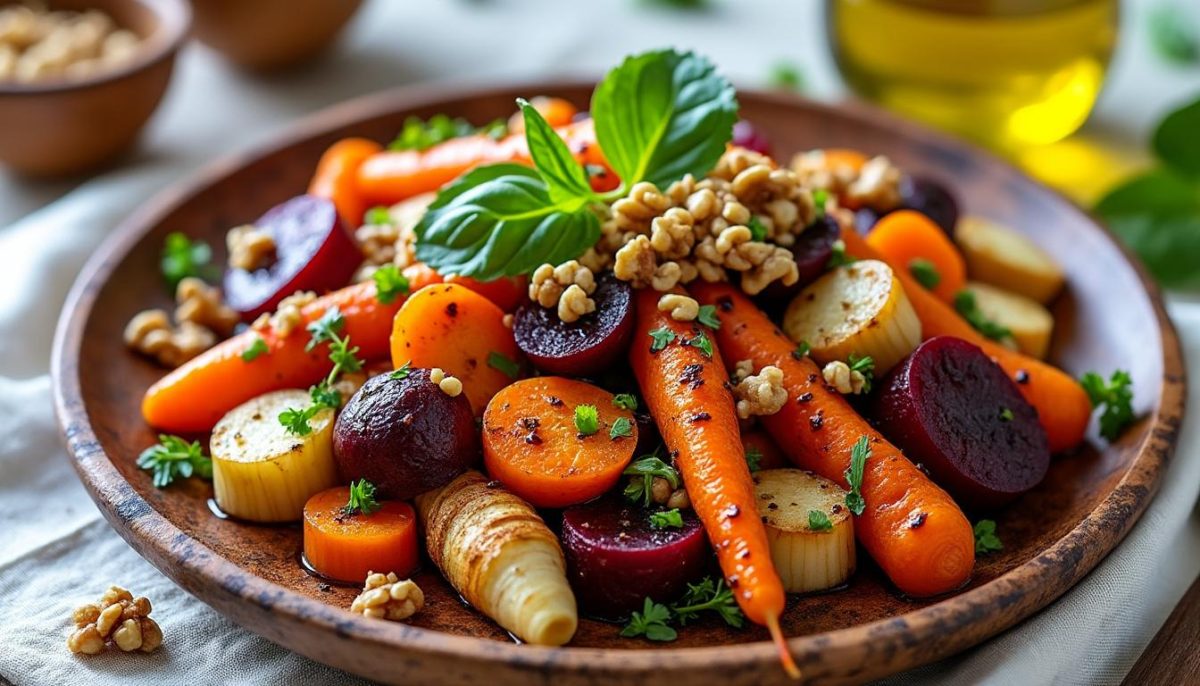 savourez l’automne avec cette salade tiède aux légumes racines, un plat réconfortant et coloré, facile à préparer, idéal pour les journées fraîches.