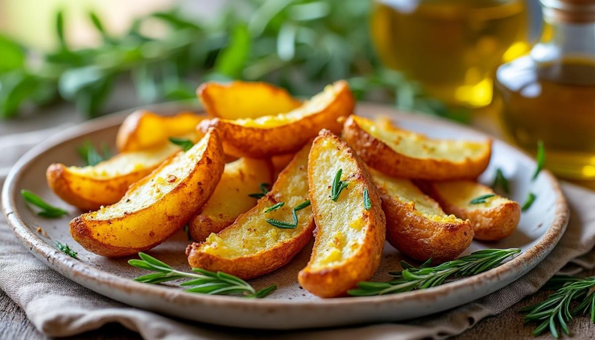 découvrez notre délicieuse recette de quartiers de pommes de terre au romarin prêts en un rien de temps dans votre air fryer. une garniture croustillante et savoureuse, parfaite pour accompagner tous vos plats !