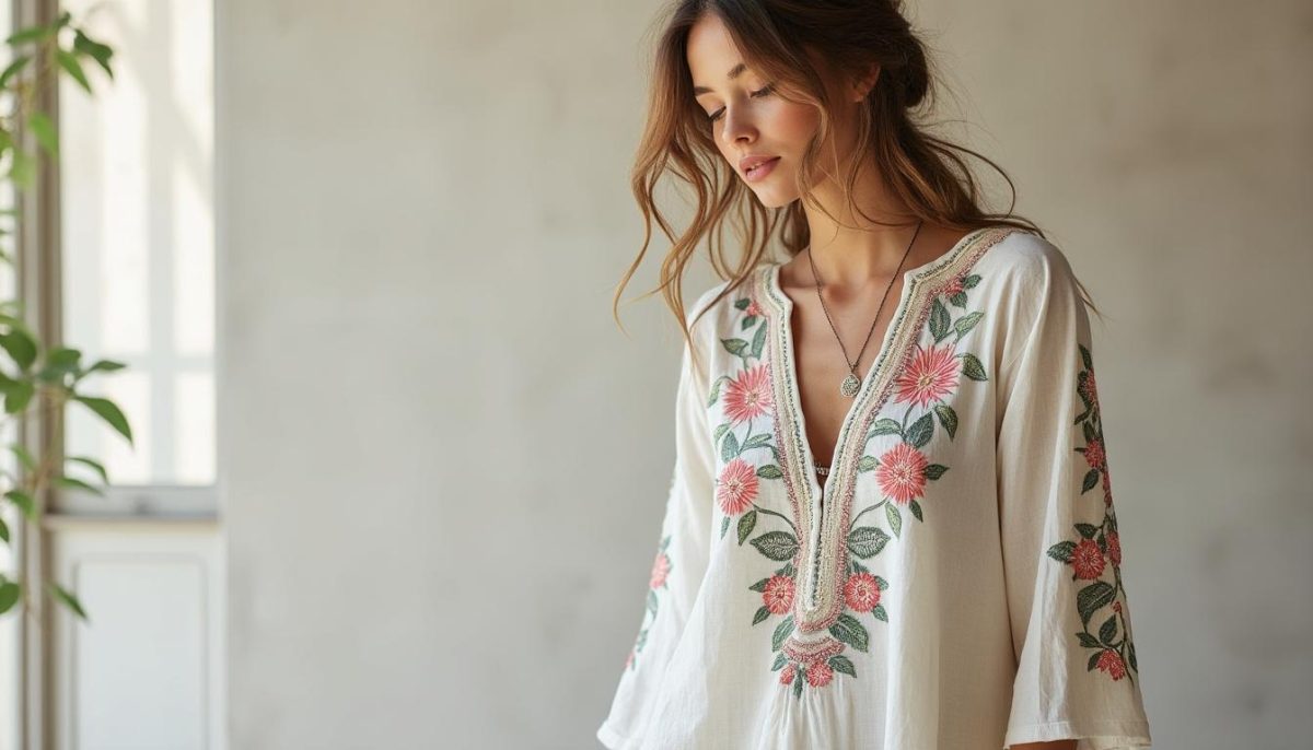 découvrez notre tunique boho chic en coton-lin pour femmes, ornée de broderies élégantes. confortable et tendance, parfaite pour un look estival raffiné et décontracté.