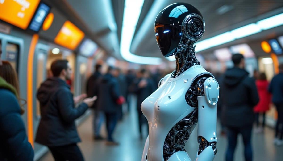 un robot déguisé en femme attire tous les regards dans le métro de lyon, suscitant la curiosité et l'émerveillement des passants. découvrez cette scène insolite qui fait le buzz dans la ville.