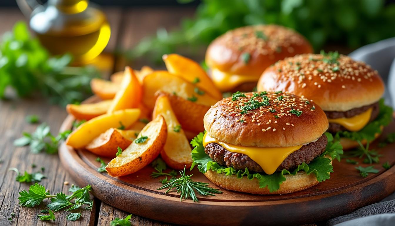 dégustez de savoureux burgers au fromage, parfaitement cuits au air fryer, accompagnés de potatoes croustillantes. une recette rapide et gourmande à essayer dÚs ce soir !