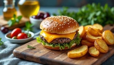 découvrez notre recette facile de burgers au fromage cuits au air fryer, accompagnés de délicieuses potatoes croustillantes. idéal pour un repas gourmand rapide et savoureux, le tout sans friture !