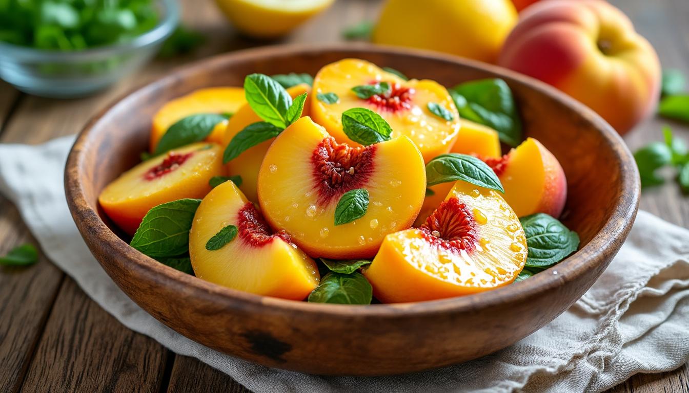 savourez l'été avec cette salade de pêches fraîche et ensoleillée, rehaussée d'une vinaigrette au citron à la fois légère et surprenante. une recette gourmande qui rappelle la douceur des plus belles journées estivales !