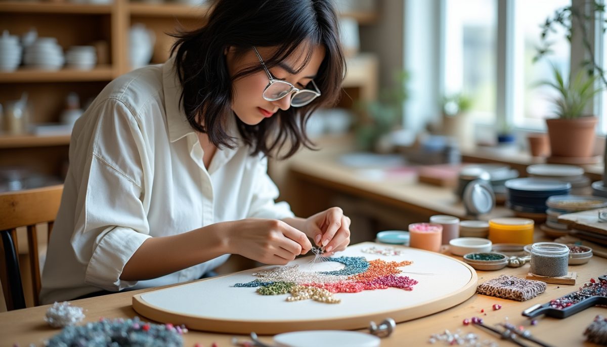 découvrez le travail d'une artiste japonaise qui crée des accessoires uniques en perles, mariant la délicatesse de la broderie haute couture française à l'élégance japonaise. pièces artisanales, originales et raffinées.