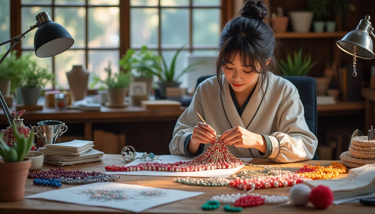 découvrez l'univers raffiné d'une artiste japonaise qui sublime la création d'accessoires en perles, fusionnant la délicatesse japonaise avec la broderie haute couture française pour des pièces uniques et élégantes.