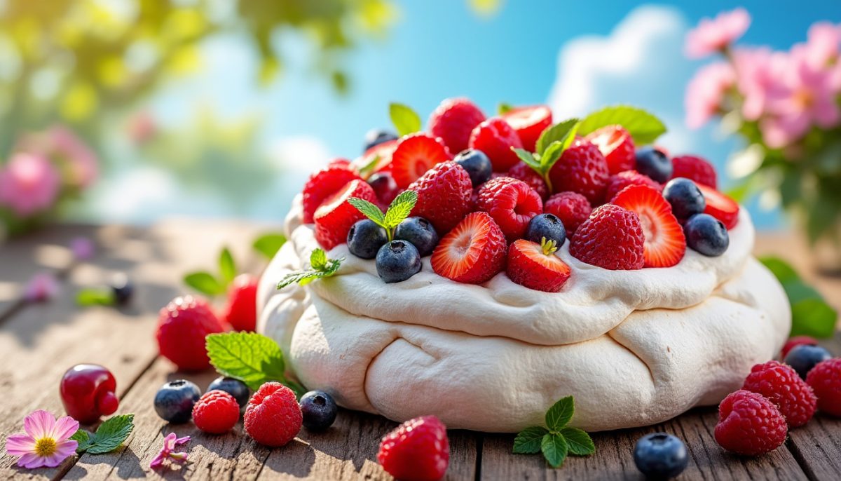 savourez l'été avec la pavlova aux fruits rouges de chouchou : une meringue légère, garnie de crème onctueuse et de fruits frais pour une escapade gourmande et rafraîchissante.