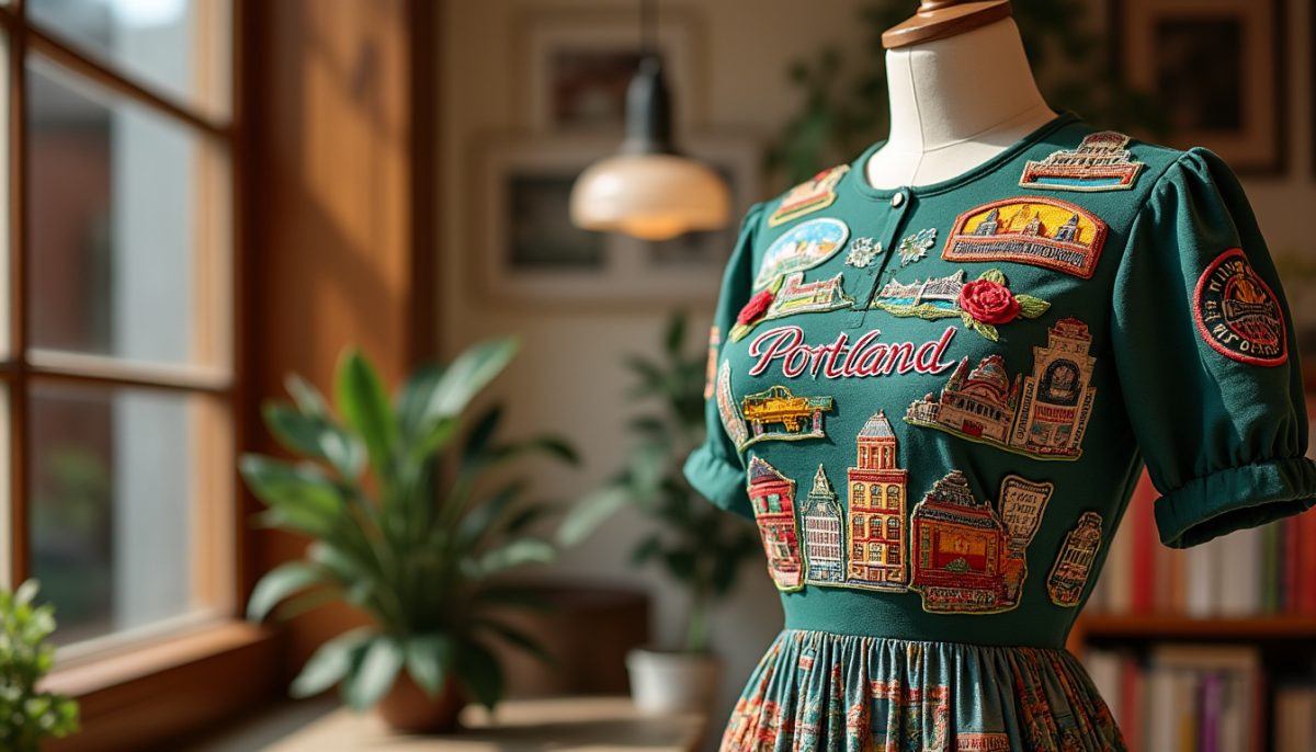 découvrez une robe portlandaise unique, magnifiquement ornée de souvenirs brodés, qui sera prochainement dévoilée. un hommage textile à la mémoire et à l’artisanat de portland.